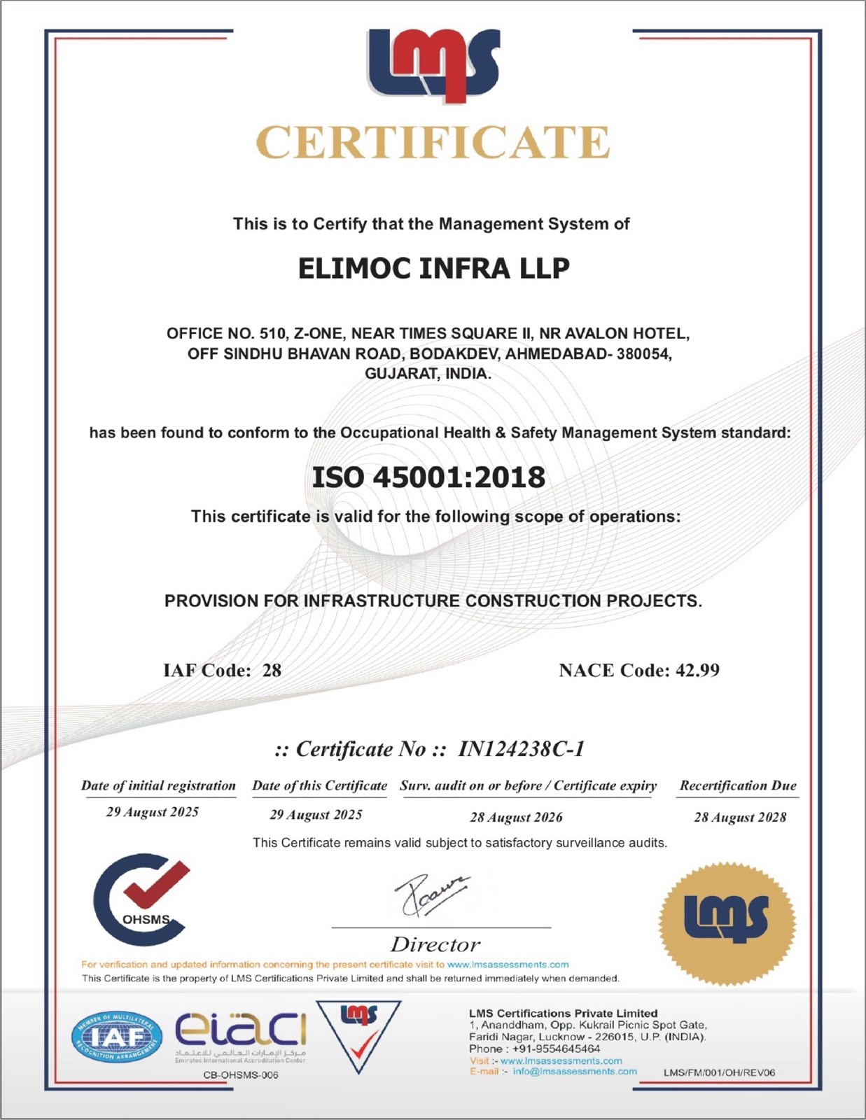 Elimoc Infra LLP's ISO 45001:2018 occupational health and safety certificate.